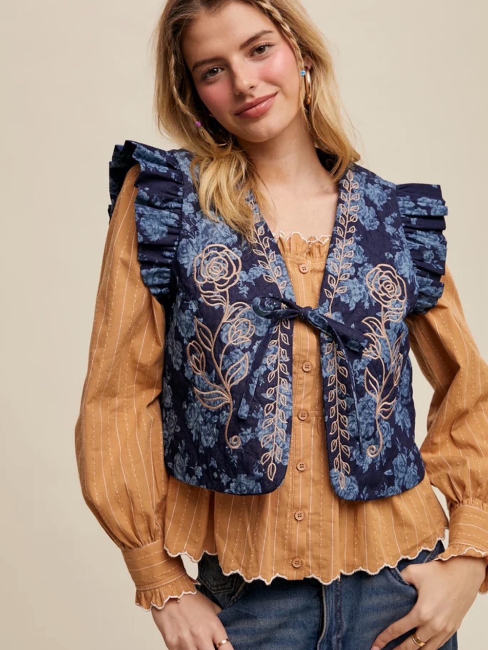 Listicle Navy Floral Embroidered Ruffle-Shoulder Vest with Tan Accents